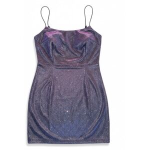 GLARE Womens Iridescent Purple Blue Sparkle Mini Bodycon Dress Open Back Sz S